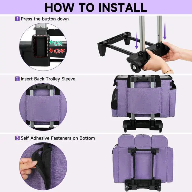 Alt view image 6 of 7 - ZIOZERTT Large Rolling Cleaning Caddy Bag with Detachable Trolley,Cleaning Cart on Wheels with Shoulder Strap,Cleaning Supplies Organizer for Housekeepers,Purple