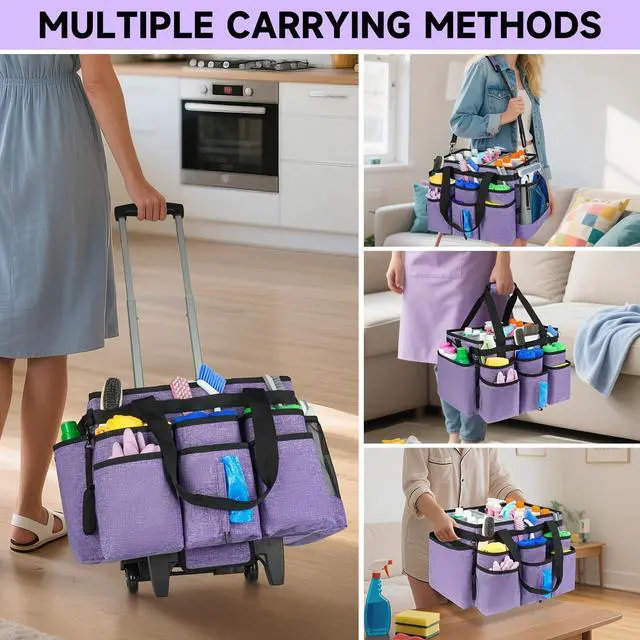 Alt view image 7 of 7 - ZIOZERTT Large Rolling Cleaning Caddy Bag with Detachable Trolley,Cleaning Cart on Wheels with Shoulder Strap,Cleaning Supplies Organizer for Housekeepers,Purple