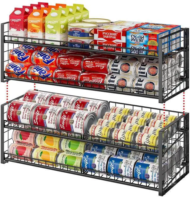 Main image of 2-Pack Stackable Can Organizer for Pantry Shelf, Adjustable Extra-Long Rolling Can Rack for Kitchen Cupboard Storage, Sturdy Standing Can Holder for Canned Food Goods Soda up to 128, 2 Tier, Black