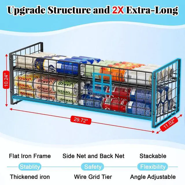 Alt view image 3 of 7 - 2-Pack Stackable Can Organizer for Pantry Shelf, Adjustable Extra-Long Rolling Can Rack for Kitchen Cupboard Storage, Sturdy Standing Can Holder for Canned Food Goods Soda up to 128, 2 Tier, Black