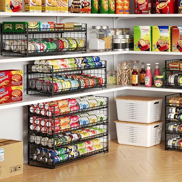Alt view image 4 of 7 - 2-Pack Stackable Can Organizer for Pantry Shelf, Adjustable Extra-Long Rolling Can Rack for Kitchen Cupboard Storage, Sturdy Standing Can Holder for Canned Food Goods Soda up to 128, 2 Tier, Black