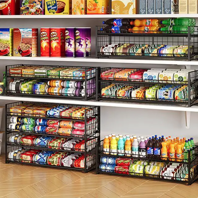 Alt view image 6 of 7 - 2-Pack Stackable Can Organizer for Pantry Shelf, Adjustable Extra-Long Rolling Can Rack for Kitchen Cupboard Storage, Sturdy Standing Can Holder for Canned Food Goods Soda up to 128, 2 Tier, Black