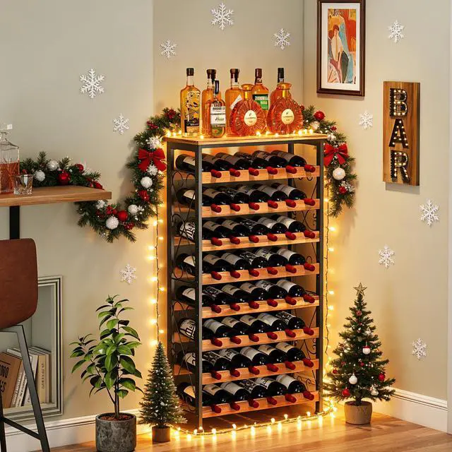Alt view image 4 of 7 - Sonyabecca 48 Bottle Wine Rack Freestanding Floor with Wood Top,8-Tier Wine Storage Shelf with Serving Station, Wine Holder for Kitchen, Bar, Dining Room, Home Bar Cabinet for Wine Bottles, No Wobble