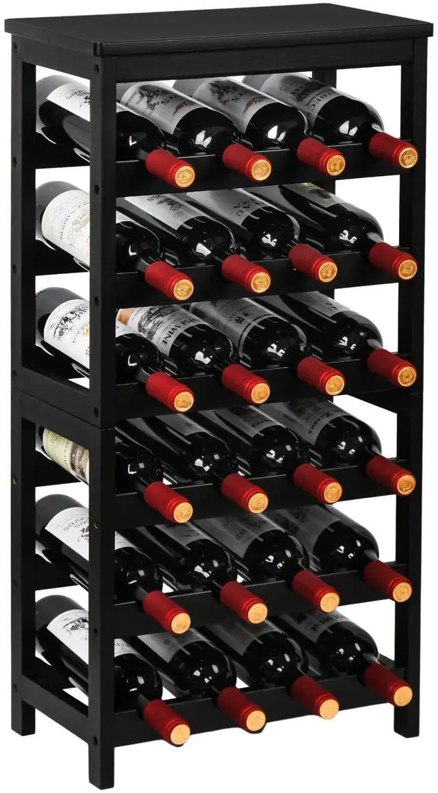 Main image of VASMIA Wine Rack Freestanding Floor, 6-Tier Display Wine Storage Shelves with Table Top, 24-Botttle Bamboo Wine Rack Shelf for Kitchen Bar Dining Room Living Room, Black