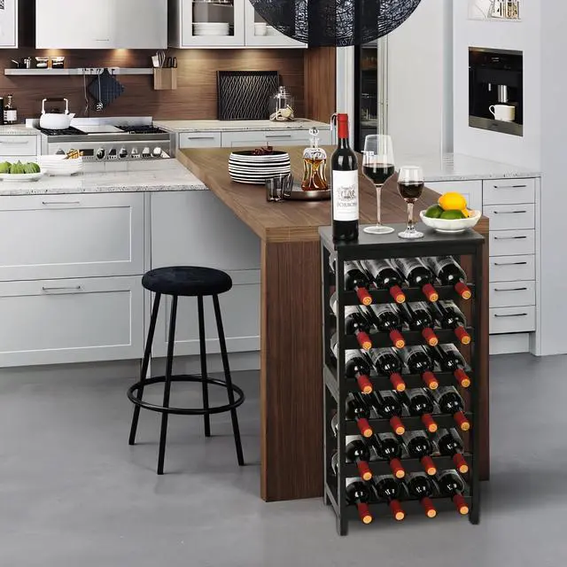Alt view image 3 of 7 - VASMIA Wine Rack Freestanding Floor, 6-Tier Display Wine Storage Shelves with Table Top, 24-Botttle Bamboo Wine Rack Shelf for Kitchen Bar Dining Room Living Room, Black