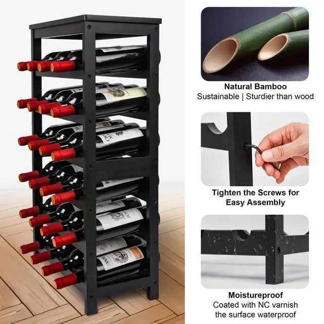 Alt view image 4 of 7 - VASMIA Wine Rack Freestanding Floor, 6-Tier Display Wine Storage Shelves with Table Top, 24-Botttle Bamboo Wine Rack Shelf for Kitchen Bar Dining Room Living Room, Black