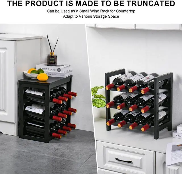 Alt view image 6 of 7 - VASMIA Wine Rack Freestanding Floor, 6-Tier Display Wine Storage Shelves with Table Top, 24-Botttle Bamboo Wine Rack Shelf for Kitchen Bar Dining Room Living Room, Black