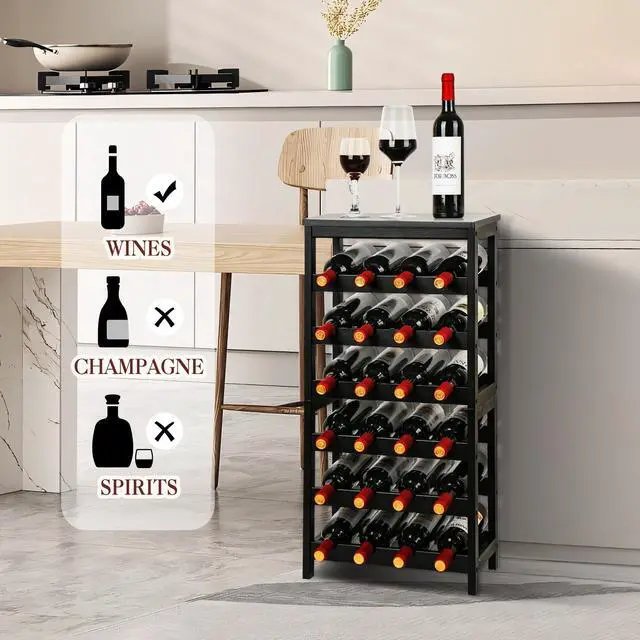 Alt view image 2 of 7 - VASMIA Wine Rack Freestanding Floor, 6-Tier Display Wine Storage Shelves with Table Top, 24-Botttle Bamboo Wine Rack Shelf for Kitchen Bar Dining Room Living Room, Black