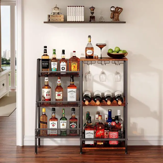 Main image of Versatile Liquor Stand for Home Bar, Wine Rack Freestanding Floor, Mini Bar Table for Liquor Whiskey Wine, 3-Tier Trapezoidal Liquor Bottle Display Shelf with Glass Holder and Fences(Patent Pending)