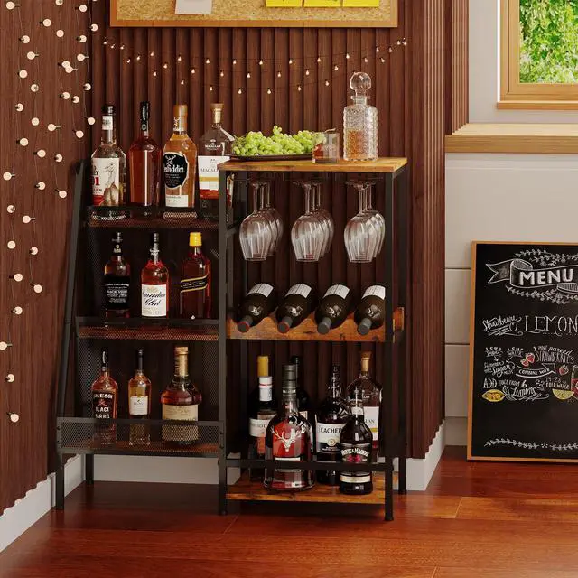 Alt view image 3 of 7 - Versatile Liquor Stand for Home Bar, Wine Rack Freestanding Floor, Mini Bar Table for Liquor Whiskey Wine, 3-Tier Trapezoidal Liquor Bottle Display Shelf with Glass Holder and Fences(Patent Pending)