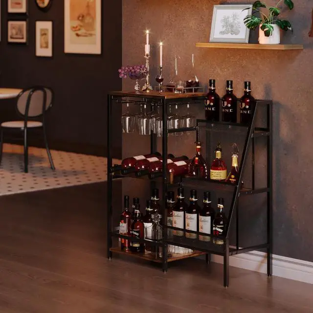 Alt view image 5 of 7 - Versatile Liquor Stand for Home Bar, Wine Rack Freestanding Floor, Mini Bar Table for Liquor Whiskey Wine, 3-Tier Trapezoidal Liquor Bottle Display Shelf with Glass Holder and Fences(Patent Pending)