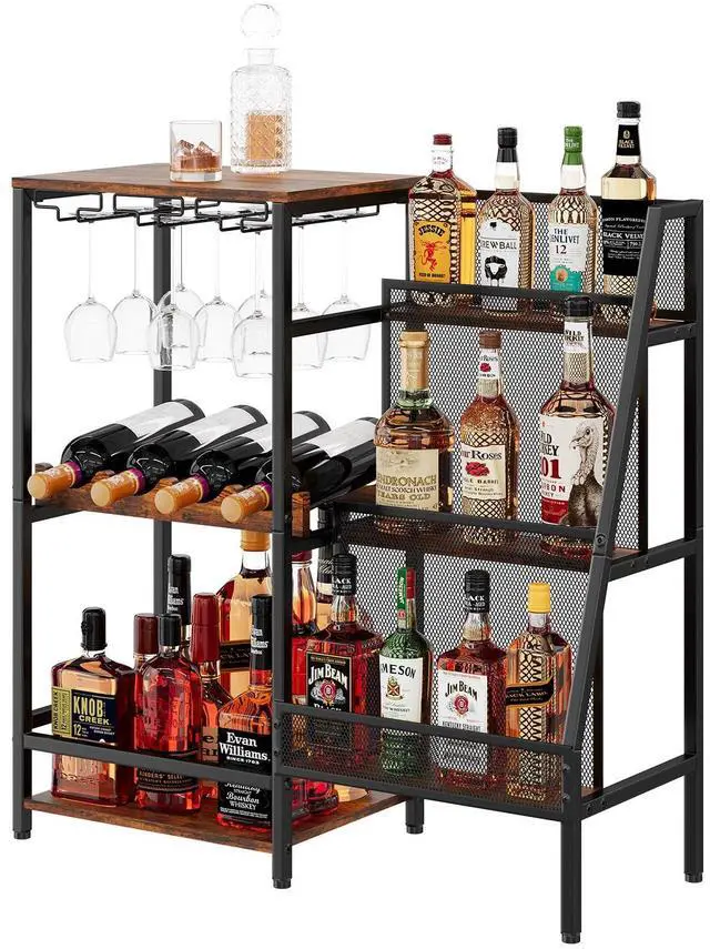 Alt view image 7 of 7 - Versatile Liquor Stand for Home Bar, Wine Rack Freestanding Floor, Mini Bar Table for Liquor Whiskey Wine, 3-Tier Trapezoidal Liquor Bottle Display Shelf with Glass Holder and Fences(Patent Pending)