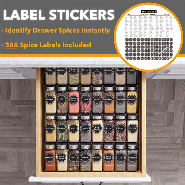 Alt view image 3 of 6 - SpaceAid Spice Drawer Organizer with 32 Spice Jars, 386 Spice Labels, 4 Tier Seasoning Rack Tray Insert for Kitchen Drawers, 15" Wide x 17.5" Deep