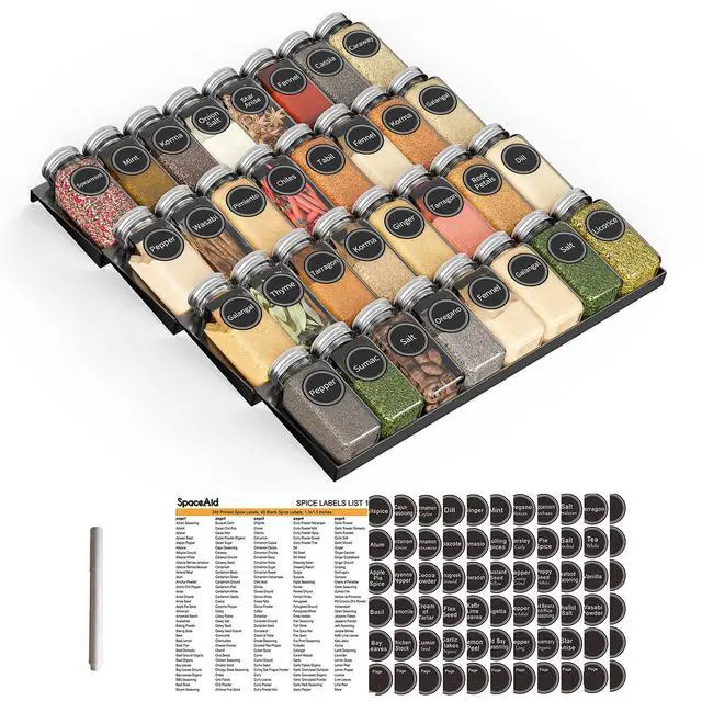 Main image of SpaceAid Spice Drawer Organizer with 32 Spice Jars, 386 Spice Labels, 4 Tier Seasoning Rack Tray Insert for Kitchen Drawers, 15" Wide x 17.5" Deep
