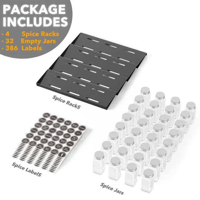 Alt view image 6 of 6 - SpaceAid Spice Drawer Organizer with 32 Spice Jars, 386 Spice Labels, 4 Tier Seasoning Rack Tray Insert for Kitchen Drawers, 15" Wide x 17.5" Deep