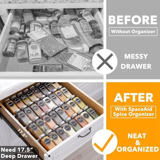 Alt view image 2 of 6 - SpaceAid Spice Drawer Organizer with 32 Spice Jars, 386 Spice Labels, 4 Tier Seasoning Rack Tray Insert for Kitchen Drawers, 15" Wide x 17.5" Deep