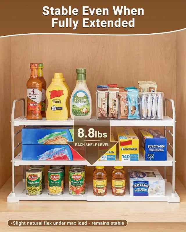 Alt view image 5 of 7 - EVERIE Extendable 3-Tier Kitchen Cabinet & Pantry Organizer for Plastic Wrap, Foil & Storage Bags, Adjustable Heavy Duty Shelf Rack for Wrap Boxes, Jars & Snack Boxes (1116.7 in Wide), Pack of 2