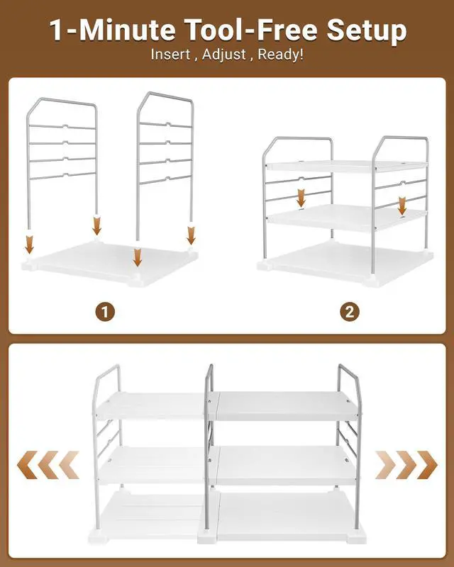 Alt view image 6 of 7 - EVERIE Extendable 3-Tier Kitchen Cabinet & Pantry Organizer for Plastic Wrap, Foil & Storage Bags, Adjustable Heavy Duty Shelf Rack for Wrap Boxes, Jars & Snack Boxes (1116.7 in Wide), Pack of 2