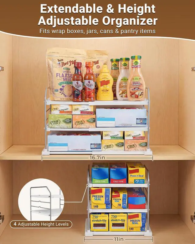 Alt view image 2 of 7 - EVERIE Extendable 3-Tier Kitchen Cabinet & Pantry Organizer for Plastic Wrap, Foil & Storage Bags, Adjustable Heavy Duty Shelf Rack for Wrap Boxes, Jars & Snack Boxes (1116.7 in Wide), Pack of 2