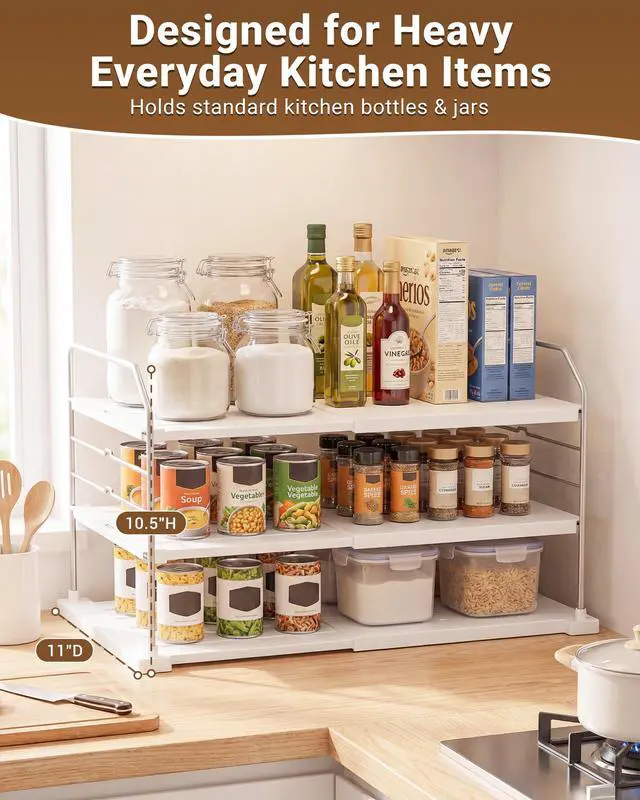 Alt view image 4 of 7 - EVERIE Extendable 3-Tier Kitchen Cabinet & Pantry Organizer for Plastic Wrap, Foil & Storage Bags, Adjustable Heavy Duty Shelf Rack for Wrap Boxes, Jars & Snack Boxes (1116.7 in Wide), Pack of 2
