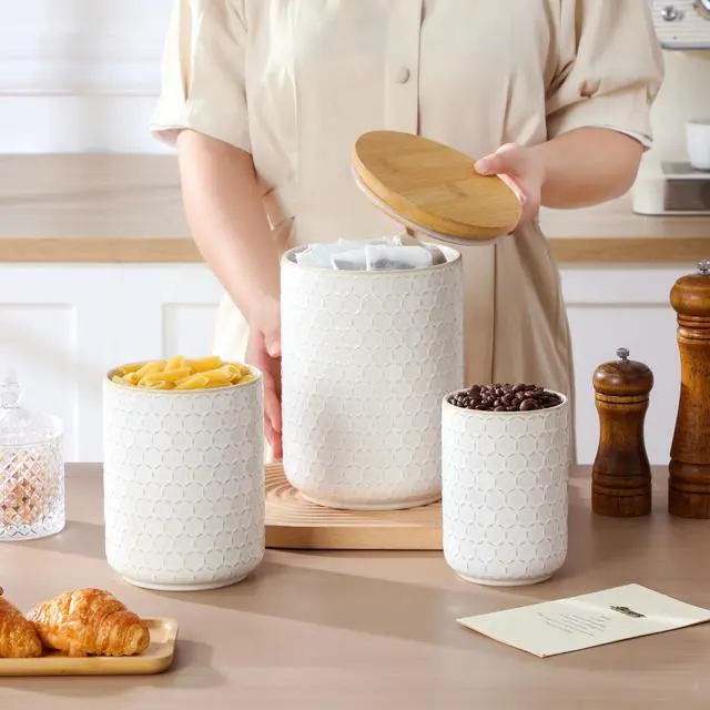Alt view image 6 of 7 - MALACASA LYDIA Ceramic Canisters Set with Airtight Lids, 80/40/20 oz Coffee Canisters Sets for the Kitchen, Large Jars for Flour, Sugar, Pasta, Coffee, Cookies, Tea - Set of 3, Hexagon