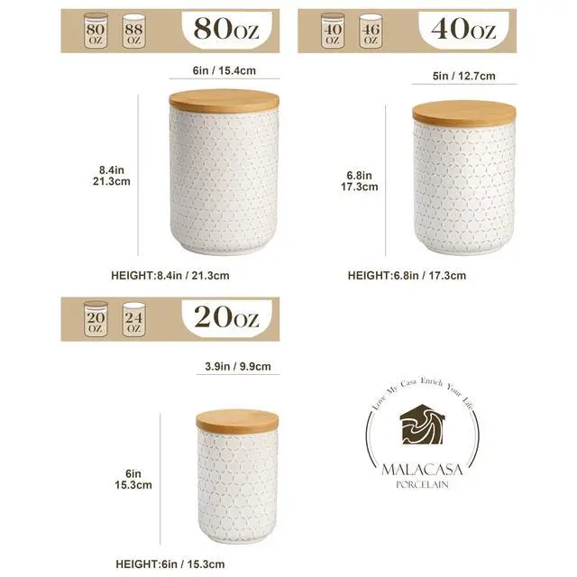 Alt view image 3 of 7 - MALACASA LYDIA Ceramic Canisters Set with Airtight Lids, 80/40/20 oz Coffee Canisters Sets for the Kitchen, Large Jars for Flour, Sugar, Pasta, Coffee, Cookies, Tea - Set of 3, Hexagon