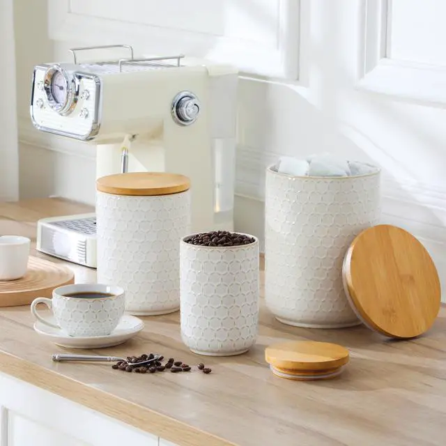 Alt view image 2 of 7 - MALACASA LYDIA Ceramic Canisters Set with Airtight Lids, 80/40/20 oz Coffee Canisters Sets for the Kitchen, Large Jars for Flour, Sugar, Pasta, Coffee, Cookies, Tea - Set of 3, Hexagon