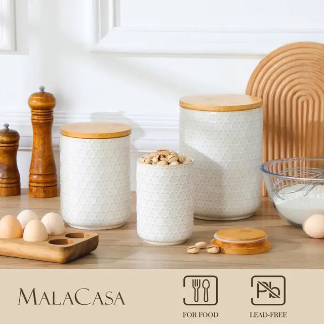 Alt view image 4 of 7 - MALACASA LYDIA Ceramic Canisters Set with Airtight Lids, 80/40/20 oz Coffee Canisters Sets for the Kitchen, Large Jars for Flour, Sugar, Pasta, Coffee, Cookies, Tea - Set of 3, Hexagon