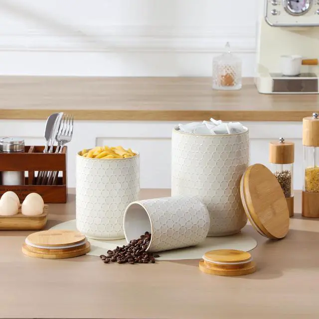 Alt view image 7 of 7 - MALACASA LYDIA Ceramic Canisters Set with Airtight Lids, 80/40/20 oz Coffee Canisters Sets for the Kitchen, Large Jars for Flour, Sugar, Pasta, Coffee, Cookies, Tea - Set of 3, Hexagon