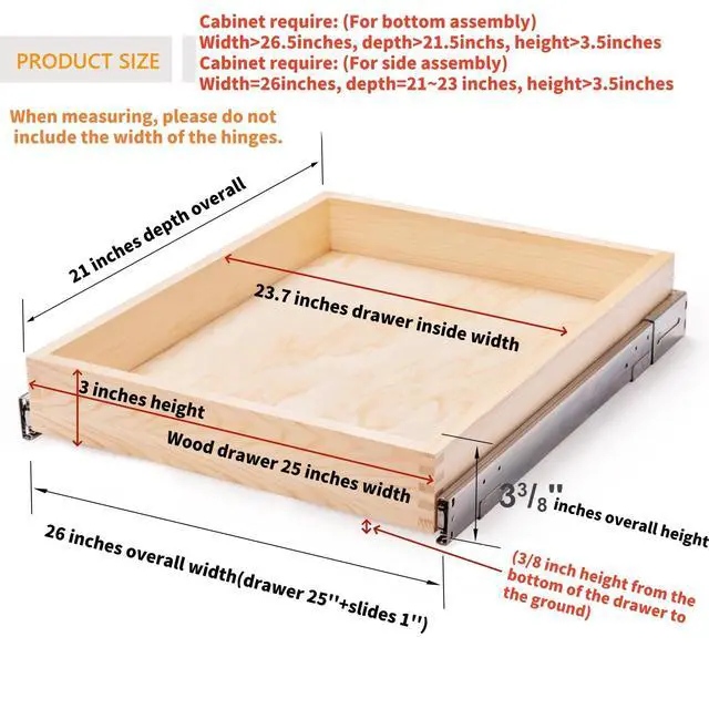 Alt view image 2 of 7 - Mulush 26''W x 21''D x 3''H Pull Out Cabinet Drawer Soft Close Slide Out Wood Organizer for Kitchen, Finished, Bottom and Side Assembly (Wood Drawer Part Width is 25inch)