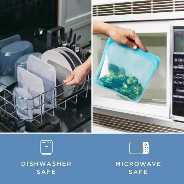 Alt view image 7 of 7 - Silicone Reusable Storage Bag, Pocket Bags 2-Pack, Microwave, Dishwasher, Oven Safe, Sous Vide, Eco Friendly, Leak-free, Food-safe Silicone Snack Bags for Travel, 4 oz, Clear & Aqua