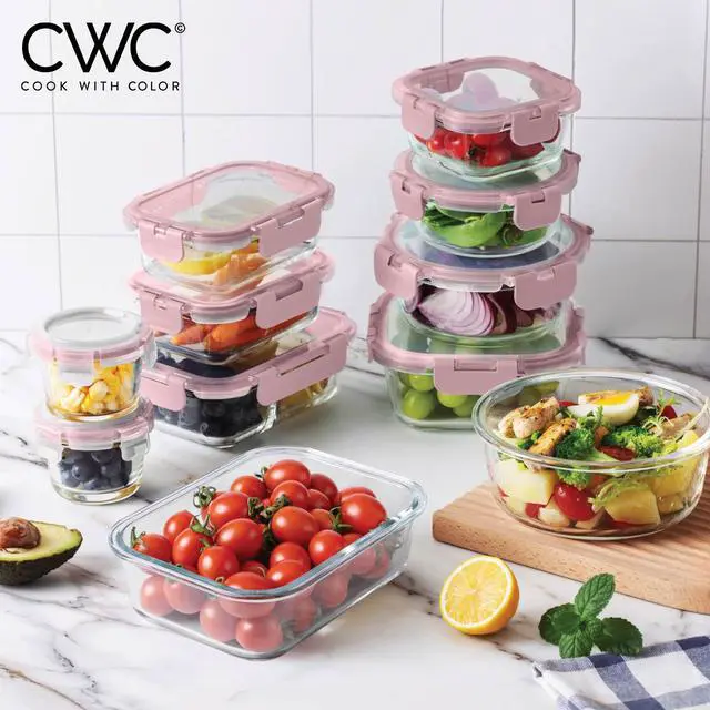 Alt view image 2 of 6 - COOK WITH COLOR Premium 32-Pc. Borosilicate Glass Food Container Set with Dividers - 4 Rectangles, 8 Rounds, 4 Squares - Leakproof Lids - Meal Prep, Storage, Pink