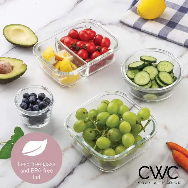 Alt view image 6 of 6 - COOK WITH COLOR Premium 32-Pc. Borosilicate Glass Food Container Set with Dividers - 4 Rectangles, 8 Rounds, 4 Squares - Leakproof Lids - Meal Prep, Storage, Pink