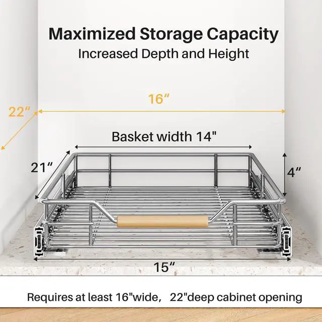 Alt view image 2 of 7 - Pull out Cabinet Organizer, 15"W X 21"D, Heavy Duty Smooth Sliding Under Cabinet Shelves for Pots and Pans, Full-Extension Roll out Drawers, Slide out Organization for Home Kitchen Pantry