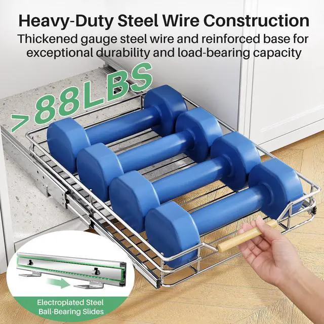 Alt view image 4 of 7 - Pull out Cabinet Organizer, 15"W X 21"D, Heavy Duty Smooth Sliding Under Cabinet Shelves for Pots and Pans, Full-Extension Roll out Drawers, Slide out Organization for Home Kitchen Pantry