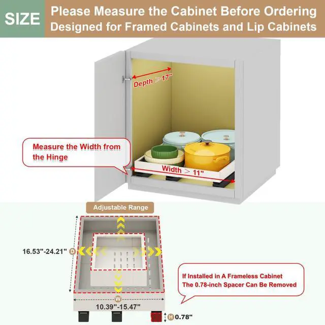 Alt view image 2 of 6 - Pull out Cabinet Organizer,Expandable Width(11"-16"),Depth(17"-24") with 3 Rails,Roll out Drawers,No Drill Adjustable Slide out Shelves for Kitchen,Pantry,for Both Lip and Lip-Free Cabinets,White(1PC)