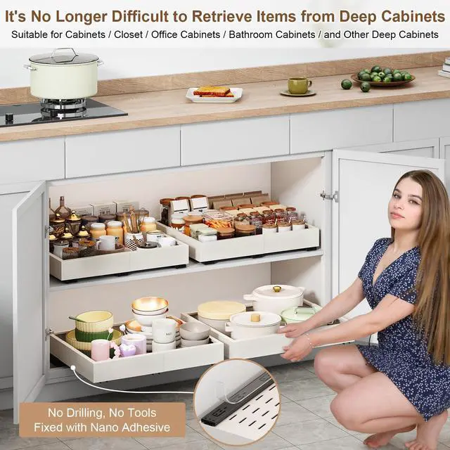 Alt view image 5 of 6 - Pull out Cabinet Organizer,Expandable Width(11"-16"),Depth(17"-24") with 3 Rails,Roll out Drawers,No Drill Adjustable Slide out Shelves for Kitchen,Pantry,for Both Lip and Lip-Free Cabinets,White(1PC)