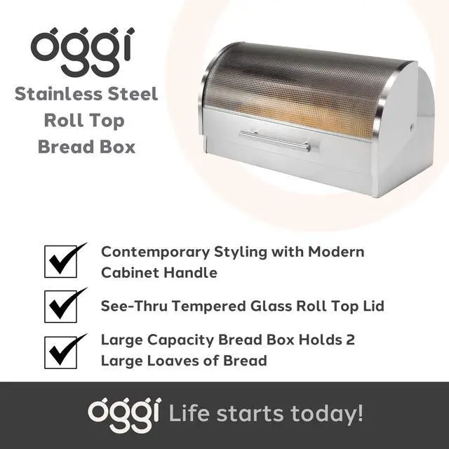 Alt view image 7 of 7 - Oggi Stainless Steel Roll Top Bread Box for Kitchen Countertop with Tempered Glass Lid - Fits Multiple Large Loaves of Bread and Other Freshly Baked Goods Including Cookies, Bagels, Muffins