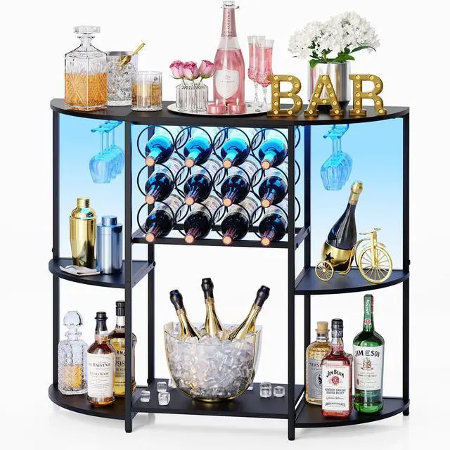 Main image of JKsmart Wine Bar Cabinet with LED Lights, Mini Wine Bar Cart with Storage and Glass Holder, Home Bar Coffee Bar for Liquor, 3-Tier Bar Table for Kitchen, Dining Room, Living Room, Black