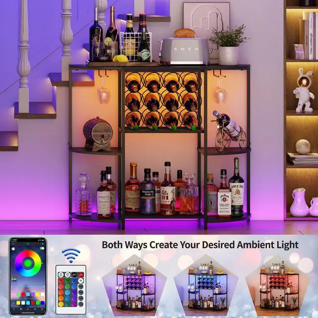 Alt view image 2 of 7 - JKsmart Wine Bar Cabinet with LED Lights, Mini Wine Bar Cart with Storage and Glass Holder, Home Bar Coffee Bar for Liquor, 3-Tier Bar Table for Kitchen, Dining Room, Living Room, Black
