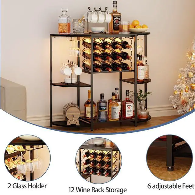 Alt view image 4 of 7 - JKsmart Wine Bar Cabinet with LED Lights, Mini Wine Bar Cart with Storage and Glass Holder, Home Bar Coffee Bar for Liquor, 3-Tier Bar Table for Kitchen, Dining Room, Living Room, Black