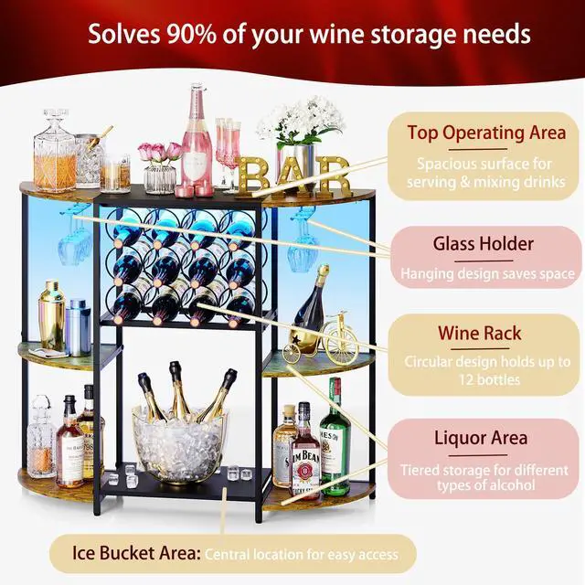 Alt view image 3 of 7 - JKsmart Wine Bar Cabinet with LED Lights, Mini Wine Bar Cart with Storage and Glass Holder, Home Bar Coffee Bar for Liquor, 3-Tier Bar Table for Kitchen, Dining Room, Living Room, Black