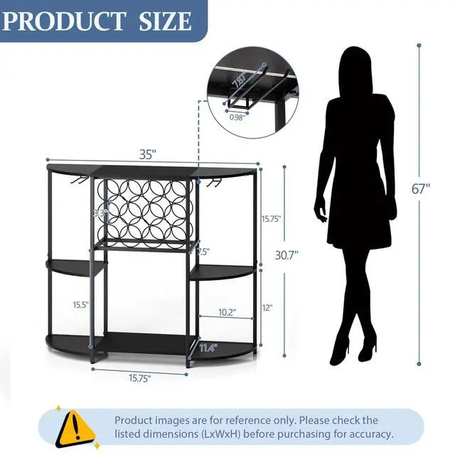 Alt view image 5 of 7 - JKsmart Wine Bar Cabinet with LED Lights, Mini Wine Bar Cart with Storage and Glass Holder, Home Bar Coffee Bar for Liquor, 3-Tier Bar Table for Kitchen, Dining Room, Living Room, Black