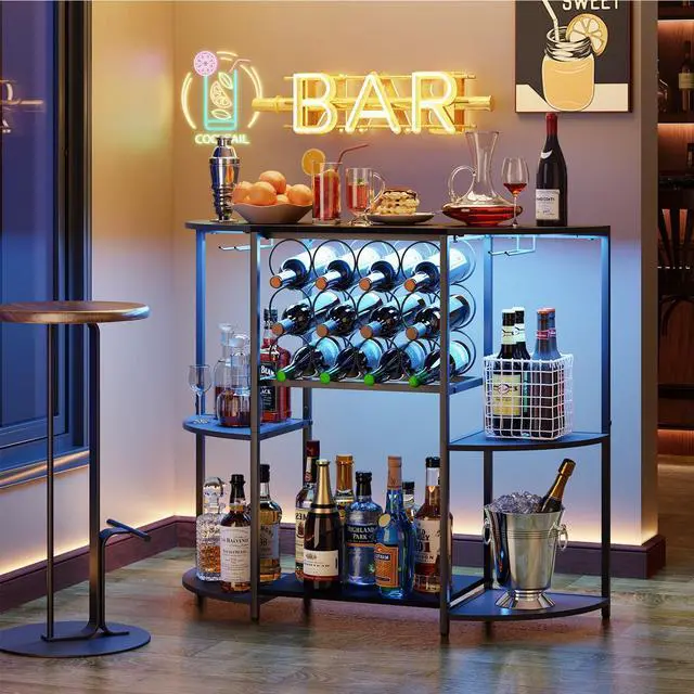 Alt view image 6 of 7 - JKsmart Wine Bar Cabinet with LED Lights, Mini Wine Bar Cart with Storage and Glass Holder, Home Bar Coffee Bar for Liquor, 3-Tier Bar Table for Kitchen, Dining Room, Living Room, Black