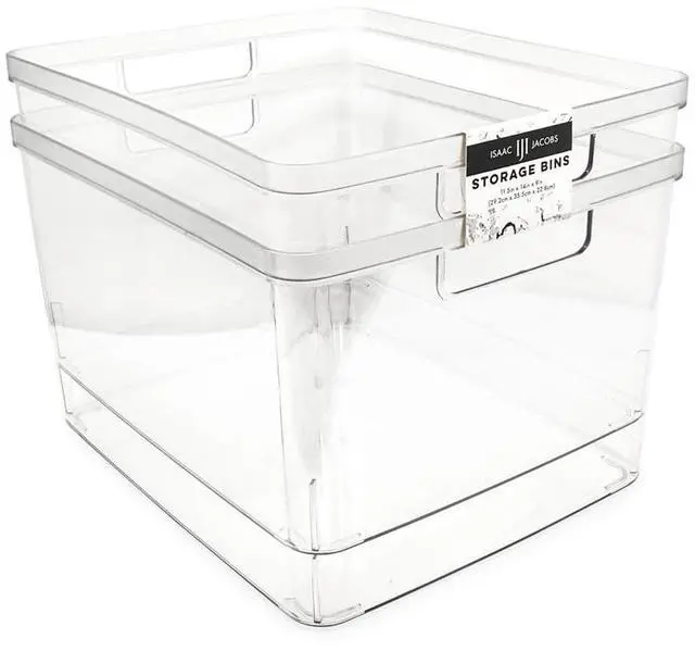 Main image of Isaac Jacobs 2-Pack Extra-Large Clear Storage Bins (11.5 L x 14 W x 9 H) w/Cutout Handles, Plastic Organizer for Home, for Kitchen, Fridge, Pantry, BPA Free, Food Safe (2-Pack, Extra-Large)
