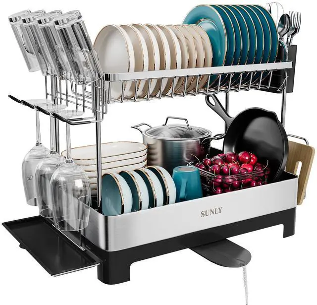 Main image of SUNLY 2 Tier Dish Drying Rack, Extra Large Dish Rack, Multifunctional Large Dish Drainers for Kitchen Counter, 304 Stainless Steel Kitchen Drying Rack, Bowl Drying Rack, Extendable Drain Spout, Black