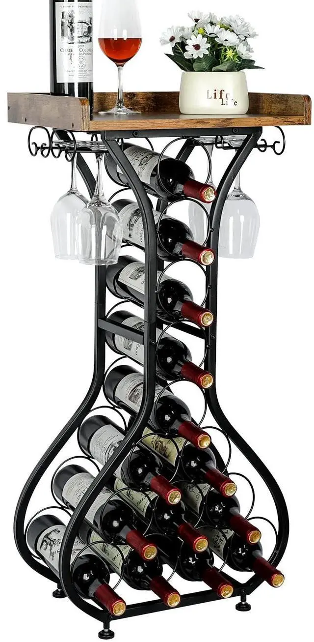 Main image of X-cosrack Wine Rack Freestanding Floor, Mini Bar Table Wine Holder Stand Liquor Cabinet with Glass Holder Wood Tabletop 14 Bottles Floor Wine Storage for Home Bar Kitchen Living Room