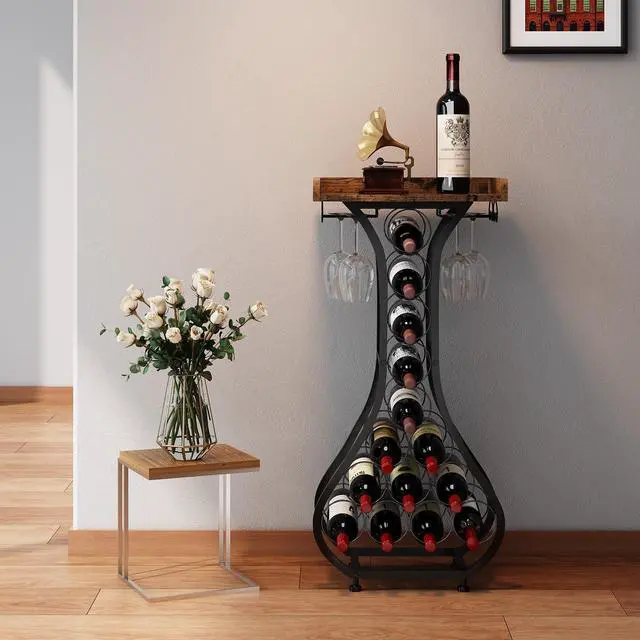 Alt view image 2 of 7 - X-cosrack Wine Rack Freestanding Floor, Mini Bar Table Wine Holder Stand Liquor Cabinet with Glass Holder Wood Tabletop 14 Bottles Floor Wine Storage for Home Bar Kitchen Living Room