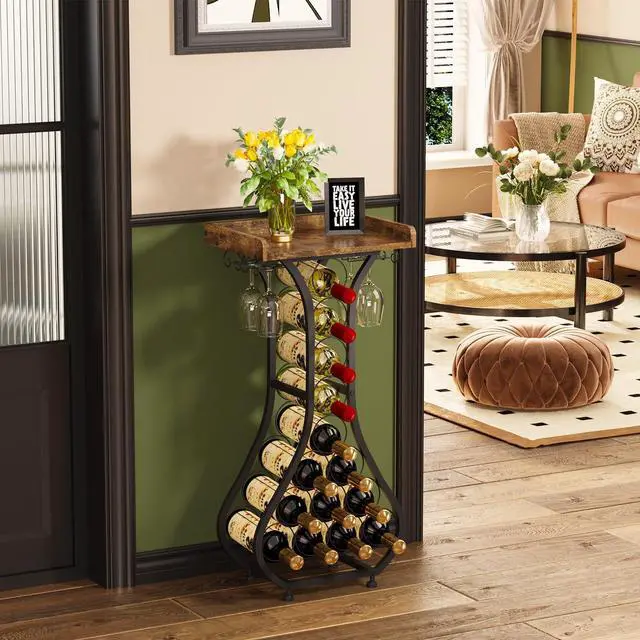 Alt view image 3 of 7 - X-cosrack Wine Rack Freestanding Floor, Mini Bar Table Wine Holder Stand Liquor Cabinet with Glass Holder Wood Tabletop 14 Bottles Floor Wine Storage for Home Bar Kitchen Living Room