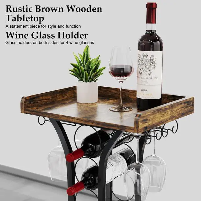 Alt view image 4 of 7 - X-cosrack Wine Rack Freestanding Floor, Mini Bar Table Wine Holder Stand Liquor Cabinet with Glass Holder Wood Tabletop 14 Bottles Floor Wine Storage for Home Bar Kitchen Living Room